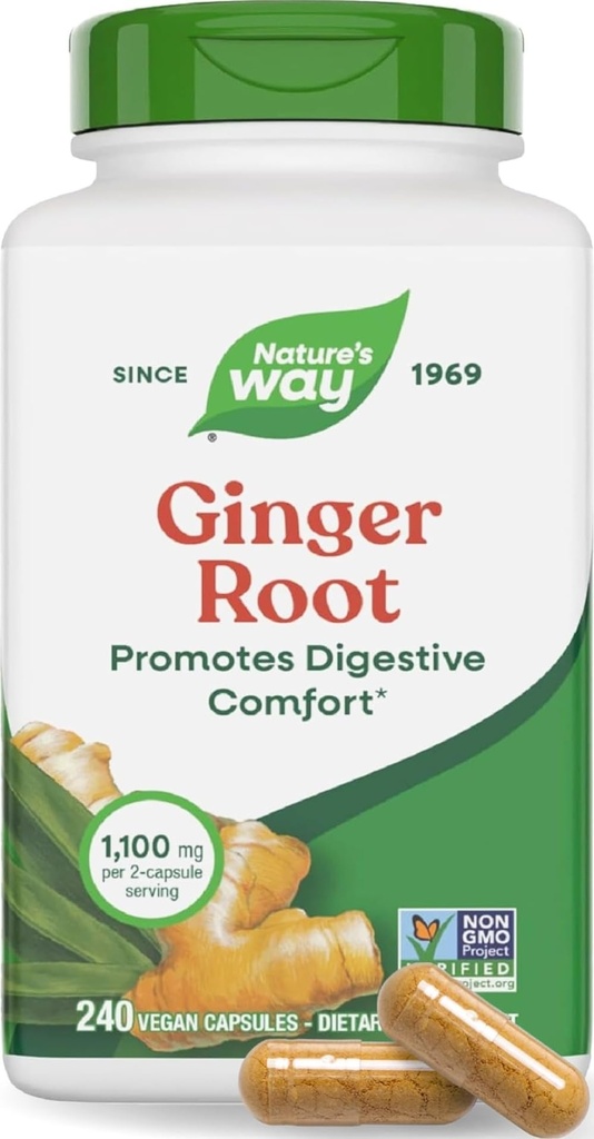 La bota de jengibre de la naturaleza capsula 550 mg por cápsula, Digestive Comfort* reduce la náusea relatada por moción*, 1.100 mg por 2 cápsulas, Proyecto no GMO Verificado, Vegano, 240 conde (paquete mayo Vary)
