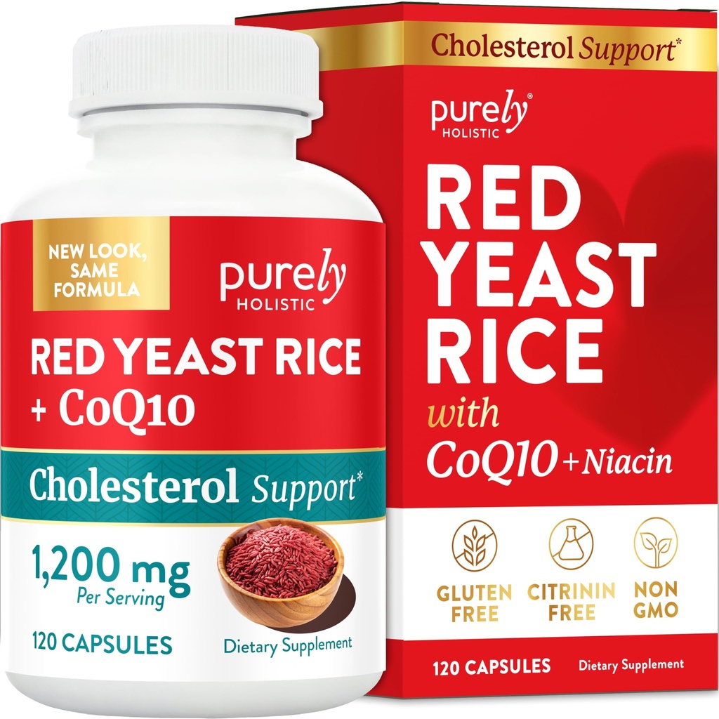 Rice de levadura roja 1200mg con CoQ10 Suplemento &amp; Niacina libre 120 cápsulas vegetarianas de fuerza adicional - Advanced Healthy Heart Formula - No irradiado, Citrinin Gratis