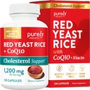 Rice de levadura roja 1200mg con CoQ10 Suplemento &amp; Niacina libre 120 cápsulas vegetarianas de fuerza adicional - Advanced Healthy Heart Formula - No irradiado, Citrinin Gratis