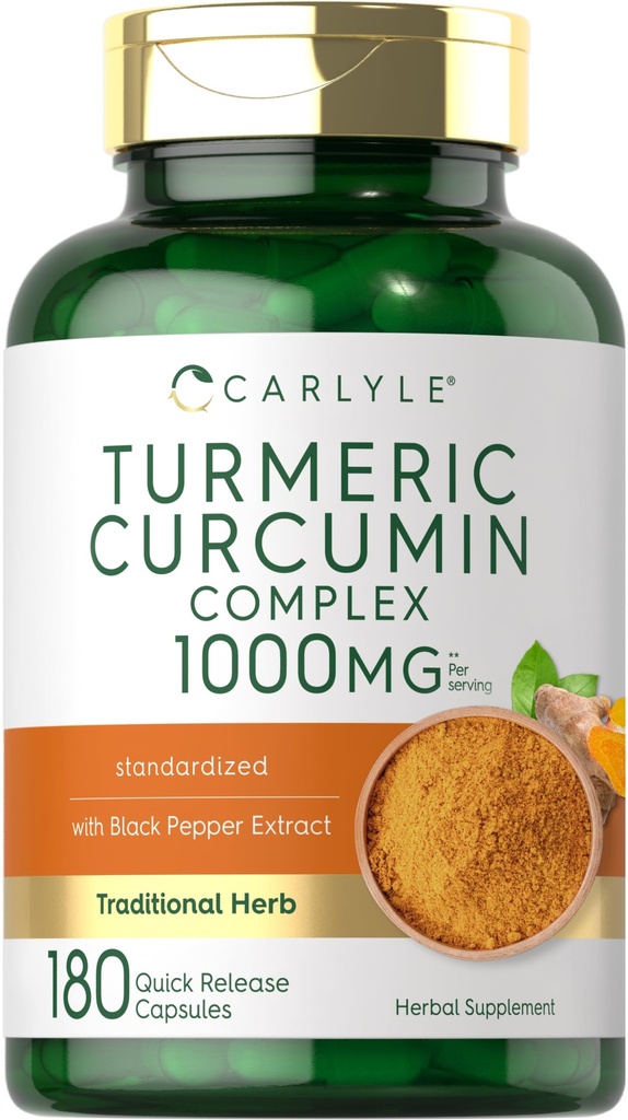 Carlyle Turmeric Curcumin with Black Pepper 1000mg ← 180 Capsules  Turmeric Complex Supplement ← Non-GMO, Gluten Free