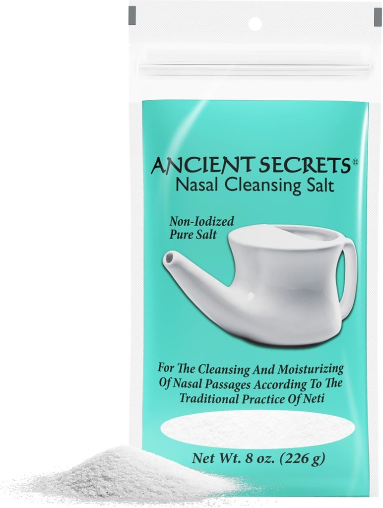 SECRETOS ANCIENTES Sal de Limpieza Nasal, No Iodizado – USP-Grade Sodium Chloride para cualquier Neti Pot, Sinus Irrigation System, 8 Oz