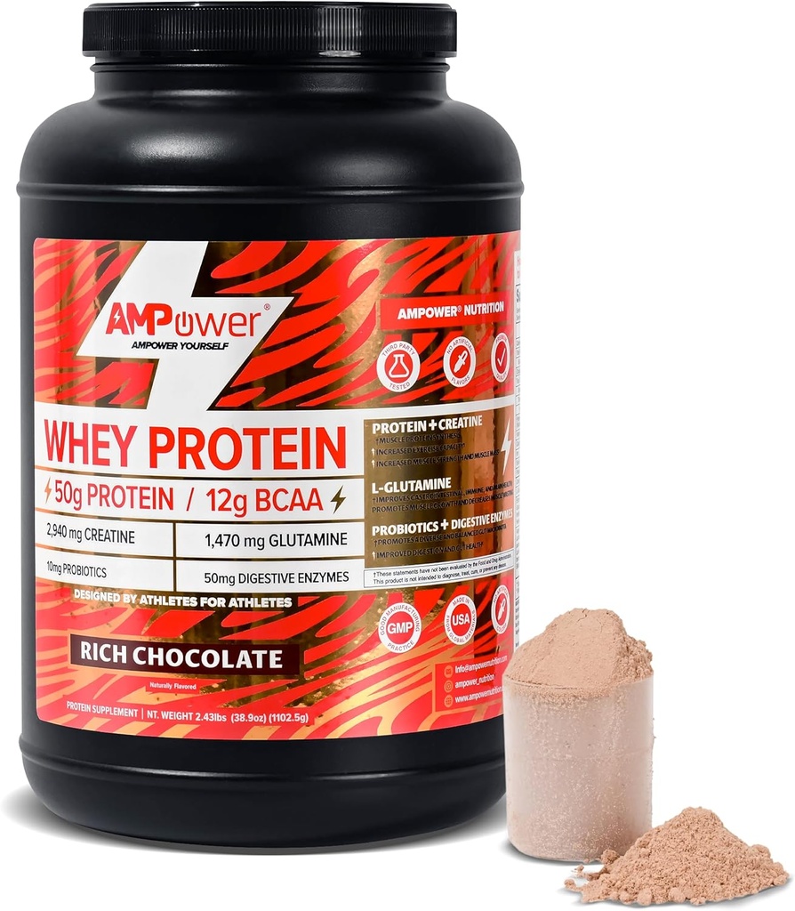 Chocolate Whey Protein Powder ← Científicamente-Designed Optimum Muscle Stack, Gut, Brain, Immune ← Protein, BCAA, Creatine, L-Glutamine, Probióticos, Enzimas Digestivas ¦ Rich Chocolate, 38.9oz