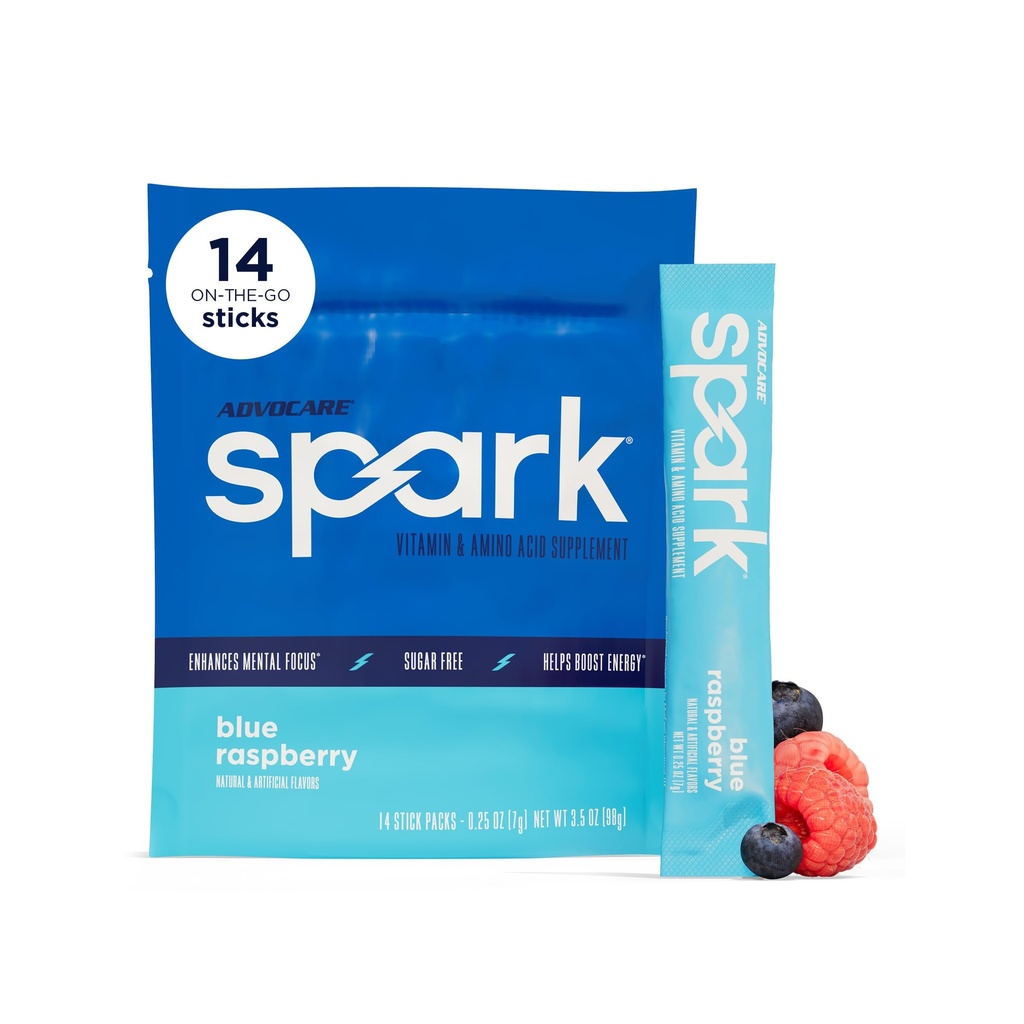 AdvoCare Spark - Energy Drink Mix - Vitamin &amp; Amino Acid Supplement - Supports Energy & Focus* - Portable Immune Support* - Sugar-Free - Blue Raspberry, 14 Stick Packs (3,5 oz)