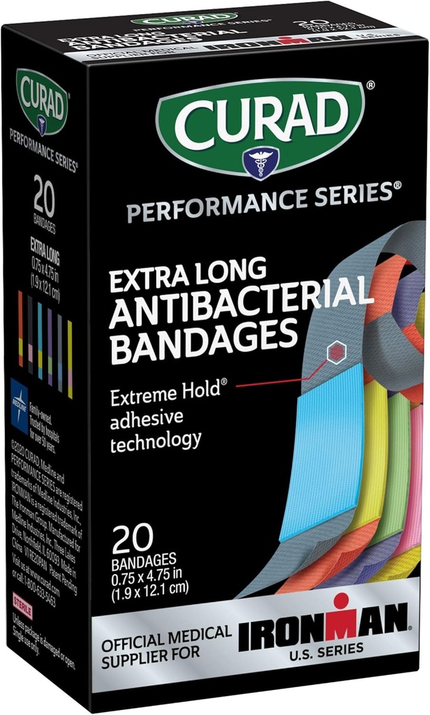 CURAD Performance Series IRONMAN Antibacterial Bandages, Extreme Hold Adhesive Technology, Extra Long Flexible Fabric Bandages for Cuts, Scrapes, " Burns, Assorted Colors, 0.75 x 4.75 pulgadas, 20 Conde