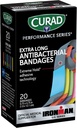 CURAD Performance Series IRONMAN Antibacterial Bandages, Extreme Hold Adhesive Technology, Extra Long Flexible Fabric Bandages for Cuts, Scrapes, " Burns, Assorted Colors, 0.75 x 4.75 pulgadas, 20 Conde