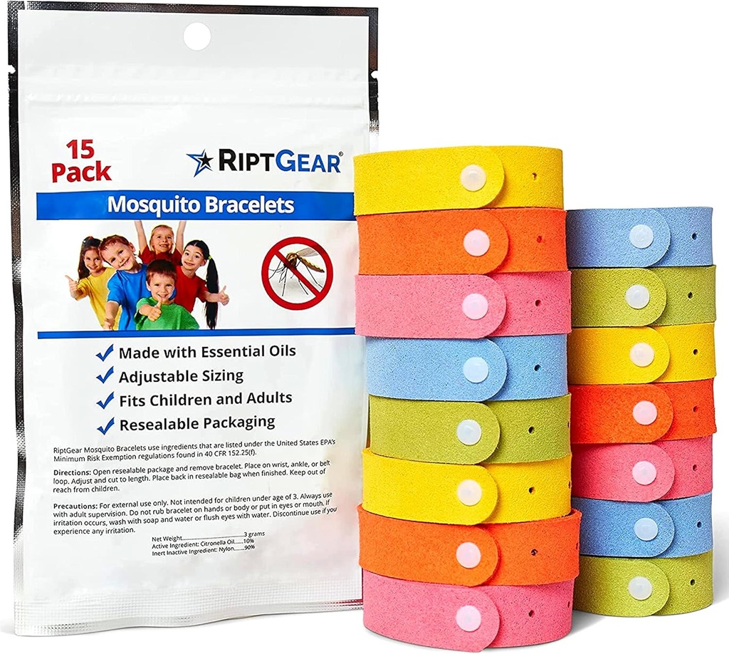 Pulseras RiptGear Mosquito - 15 Pack de Pulseras Mosquito para Niños y Adultos, Pulsera Insecto, Citronella Wristband - DEET Mosquito gratis, Accesorios de Camping