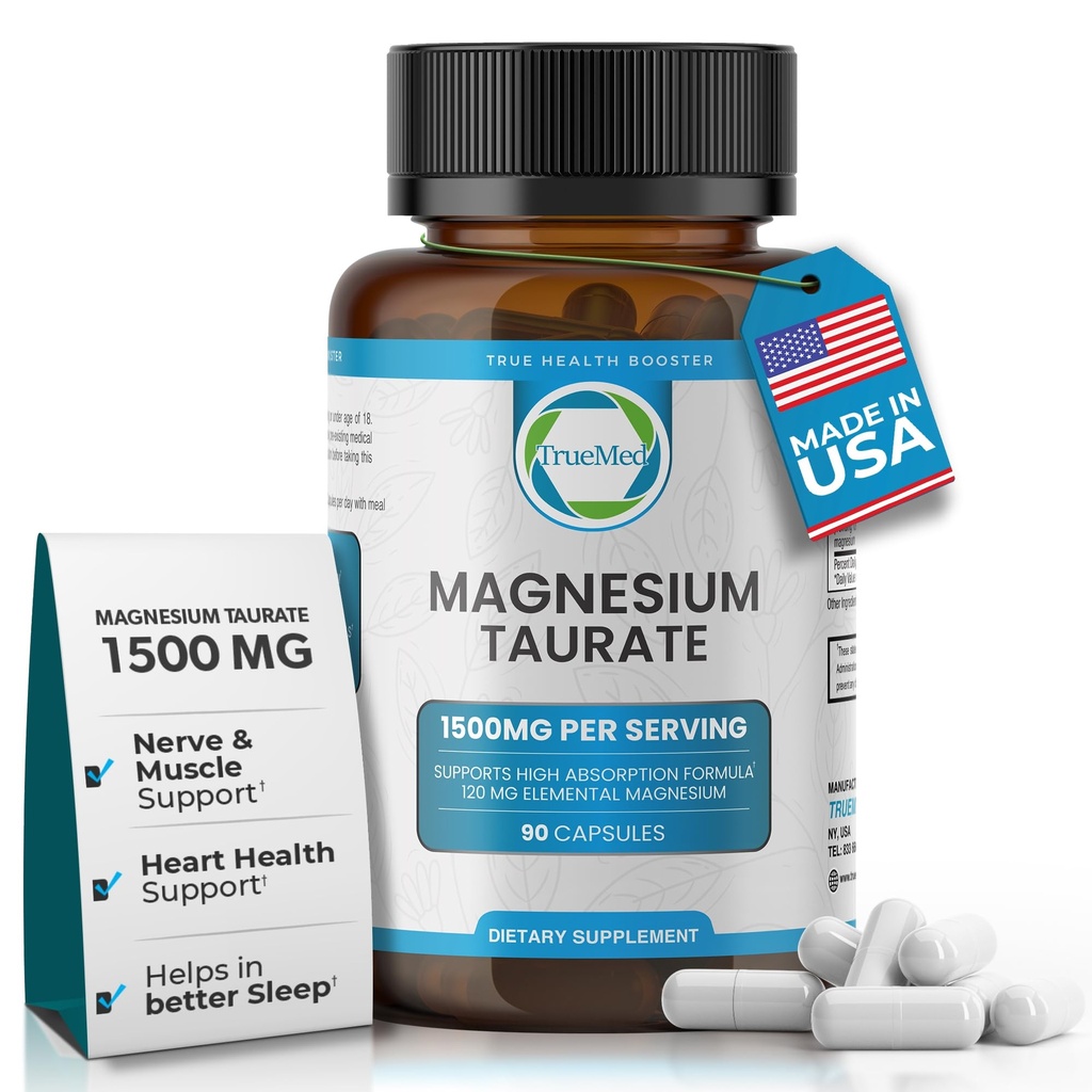 Suplemento de Taurate de Magnesio Natural 1500 mg con 90 cápsulas - 30 días de suministro de apoyo al sueño, salud cardíaca, relajación, equilibrio de presión arterial y energía