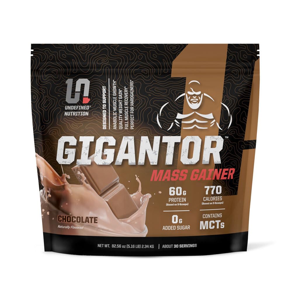 Gainer de Masa de Gigantor de Nutrición Indefinido por Brian Shaw (60g Protein, 30 Servings, hasta 790 Calories de Calidad) – Hardcore Hard Gainer Fórmula con 5 Fase Protein Blend (5.16 libras, Chocolate)