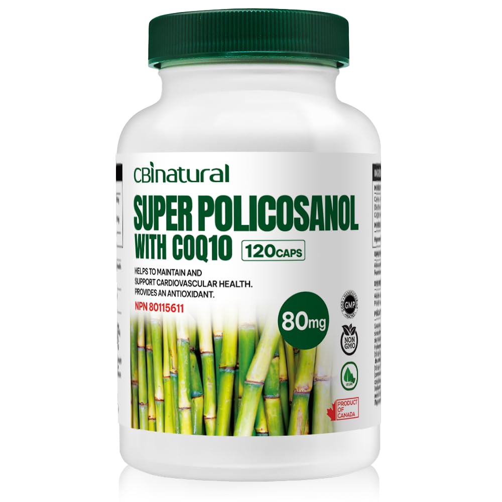 Super Sugarcane Policosanol 80 mg con CoQ10 30 mg, 120 cápsulas vegetales, Heart " Cholesterol Support, 4-Month Supply, Non-GMO, Gluten Free