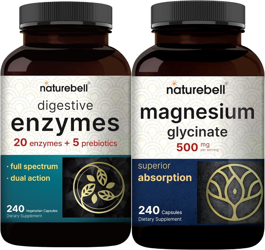 Magnesium Glycinate Capsules 500mg, 240 Conde - 100% Chelated & Purified peru Enzymes Digestive with Prebiotics, 240 Veggie Capsules - 20 Enzyme & 5 Prebiotic Pancreatic Complex