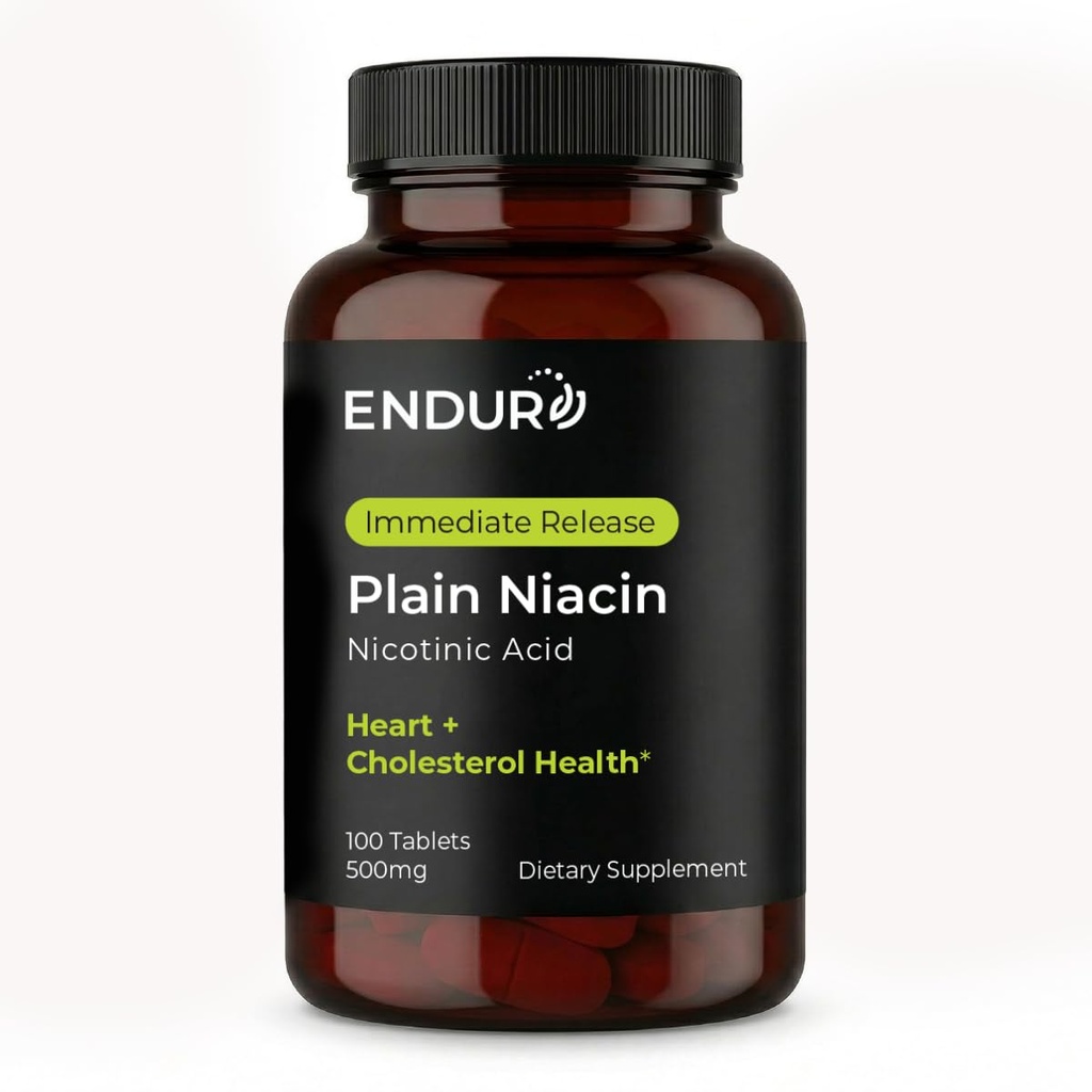 Endur Plain Niacin (Acido Nicotínico), Heart Health &amp; Healthy Cholesterol Balance Suplemento, Fórmula de liberación inmediata, Gluten Free, 500mg (100 Tablets)