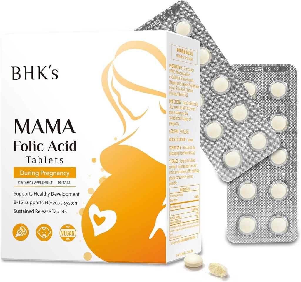 El ácido fólico de BHK, antes durante el embarazo, apoyar el desarrollo del sistema nervioso del bebé, vitaminas esenciales para el bebé, 90 tabletas