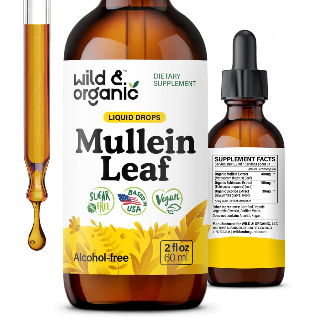 Wild &amp; Organic Mullein Drops for Lungs - Lung Detox and Cleanse - Liquid Mullein Leaf Tincture with Echinacea & Licorice Root - Vegan, Sugar &amp; Alcohol-Free Extract Supplement - 2 fl oz