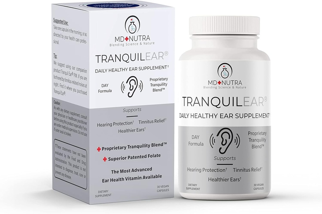 Tranquil Ear Ear Health " Tinnitus Relief Supplement ← Ear Surgeon Formulado para la nutrición total del oído, Ringinging Ear Relief, " Tinnitus Symptoms - Daytime Formula - All-Natural 30 Vegan Capsules