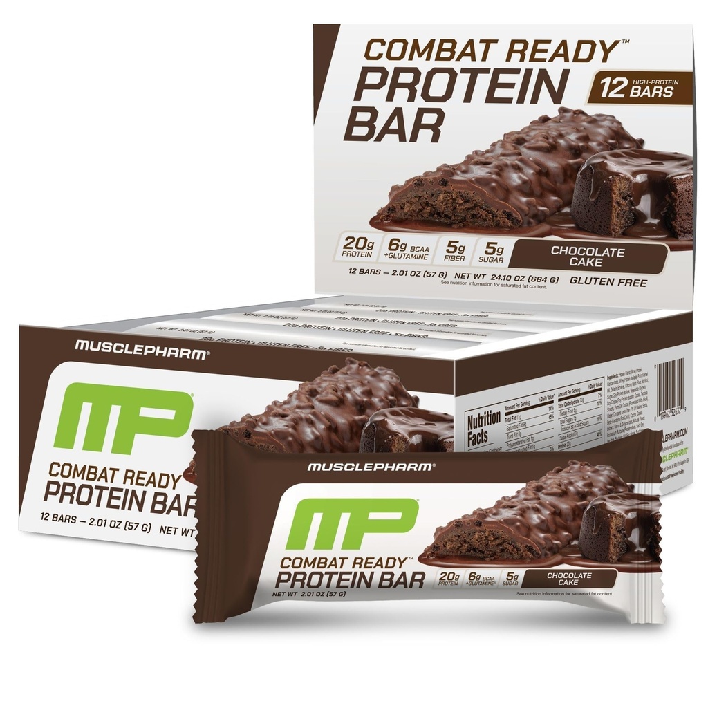 MusclePharm Combat Sport Bar, Chocolate Cake Flavor High Protein Bares de Combate, Rendimiento de Combustible &amp; Meet Energy Demands, 20g Protein de Whey Protein, 5g Fiber, Gluten Free, 12 Bares
