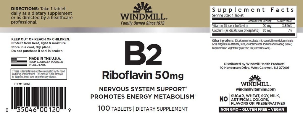 Molino de viento Vitamina B-2 50 mg Tabletas - 100 ea (6 Pack)