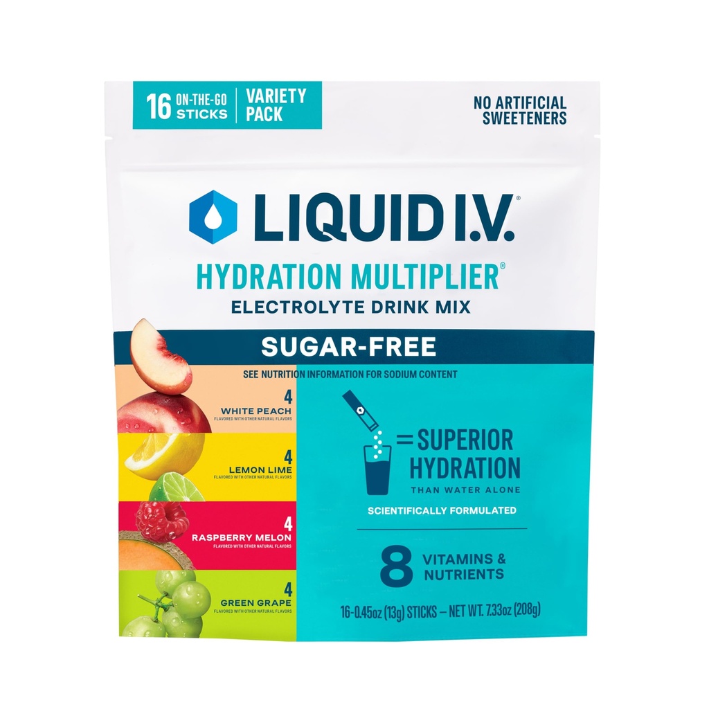Liquid I.V.® Hydration Multiplier Pack Variedad sin azúcar - Raspberry Melon, Lemon Lime, White Peach, Green Grape (Variety Pack)