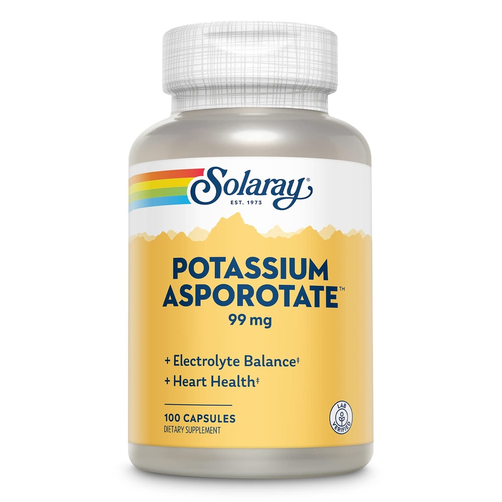 Solaray Potassium Asporotate Chelated Suplemento, Electrolyte Balance & Heart Health Support, 100 Servings, 100 Capsules