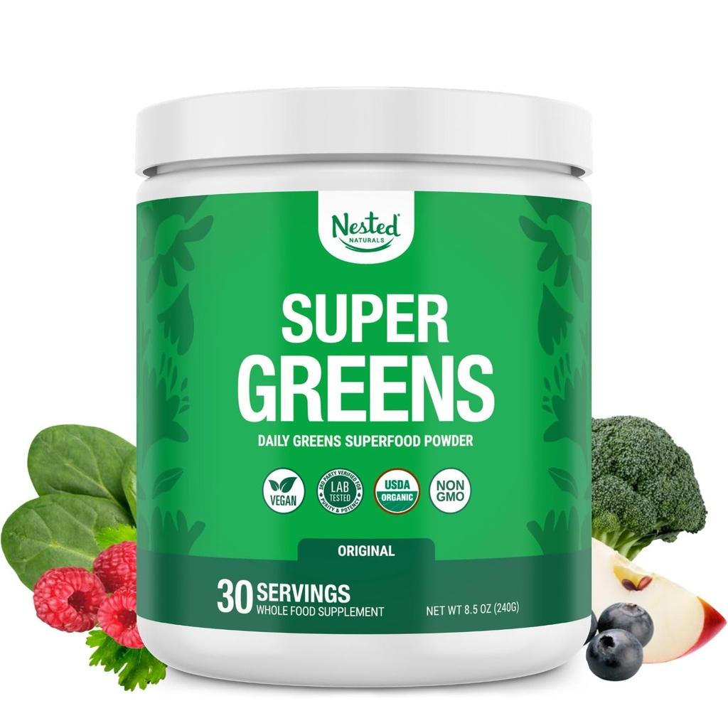 Naturales anidados Super Greens Daily Superfood Powder - Certified USDA Organic Green Powder w/20+ Whole Foods, Spirulina Powder,Wheat & Barley Grass - Probiotics, Fiber &amp; Enzymes - Original Flavour, 30