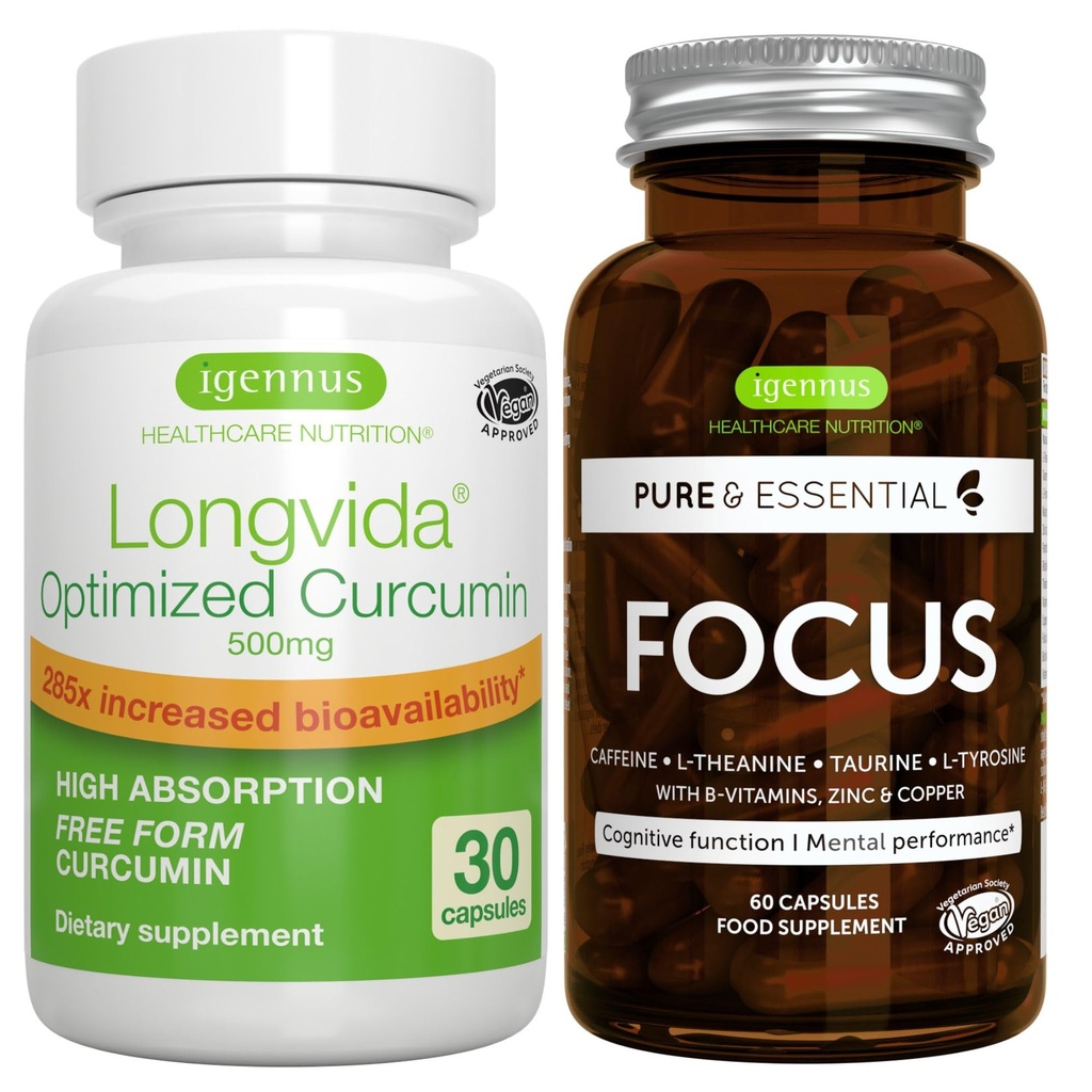Longvida Lipidated Curcumin 500mg + Focus Brain Booster Vegan Bundle, Ultra Bioavailable Curcumin + Caffeine, L-Theanine, Taurine & L-Tyrosine, B-Vitamins, Zinc & Copper, por Igennus