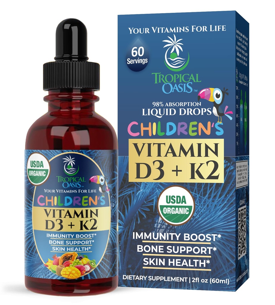 USDA Vitamina Orgánica D3 K2 Liquid Drops TENIDO Vitamina D3 K2 Suplemento para niños y niños pequeños Edades 1+ Silencio Niños Suplemento para Absorción de Calcio Huesos Fuertes ANTE Vegan, Non-GMO ANTE 2 Fl Oz