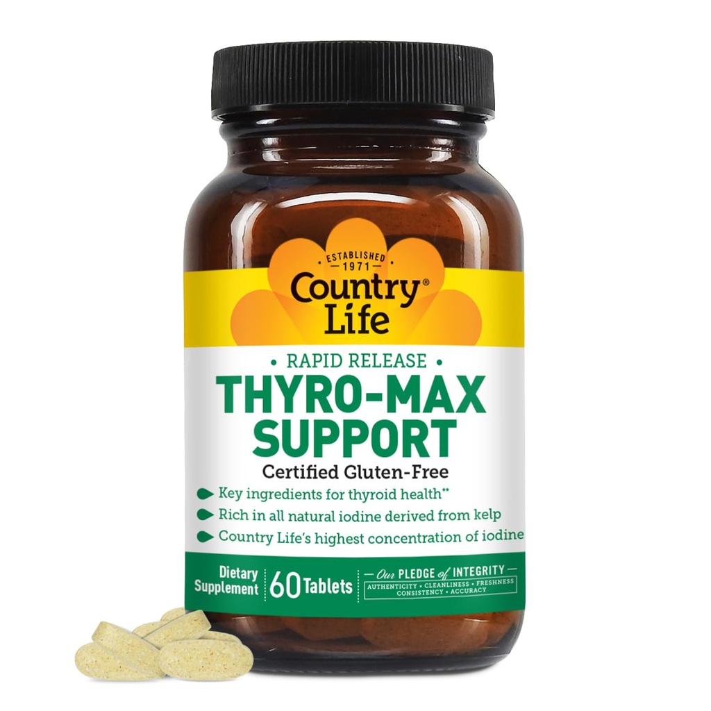 Country Life Thyro-Max Support - Kelp-Derived Iodine & L-Tyrosine Thyroid Supplement for Men and Women - B Vitaminas, Gluten-Free, Vegan, Kosher - 60 cápsulas