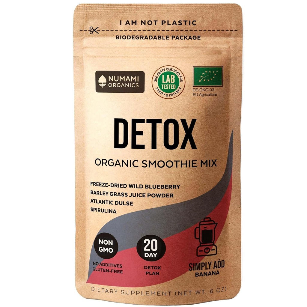Numami Organic Detox Blueberry Smoothie Powder con Spirulina saludable, Atlantic Dulse y Barley Grass Juice Powder, Premium Quality superfood de Europa