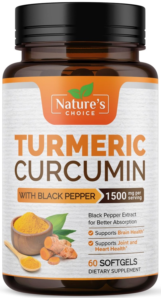 Curcumina Turmérica Suplemento 1500mg - BioPerine Black Pepper Extract Advanced Absorption Curcuminoids for Nature's Joint Support - Antioxidant Herbal Supplement for Women ' Men, Non-GMO - 60 Softgels