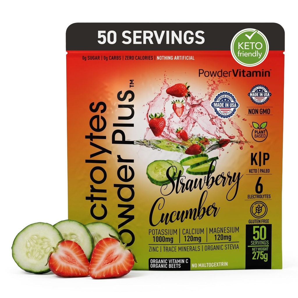 Electrolytes Powder Plus (50 Servings), 0 Calorie Keto, 0 Sugar, No Maltodextrin,1000mg Potasio,120mg Calcium,120mg Magnesio, Hidratación Polvo (50 Servings, Cucumber de Fresa)