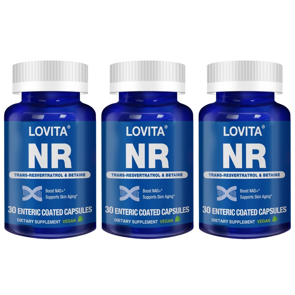 Lovita NR (Nicotinamide Riboside) 350 mg, Suplemento NAD con Trans-Resveratrol y Betaine, Promover NAD Plus Niveles, Envejecimiento saludable, 30 cápsulas Vegan Enteric-Coated (Pack of 3)