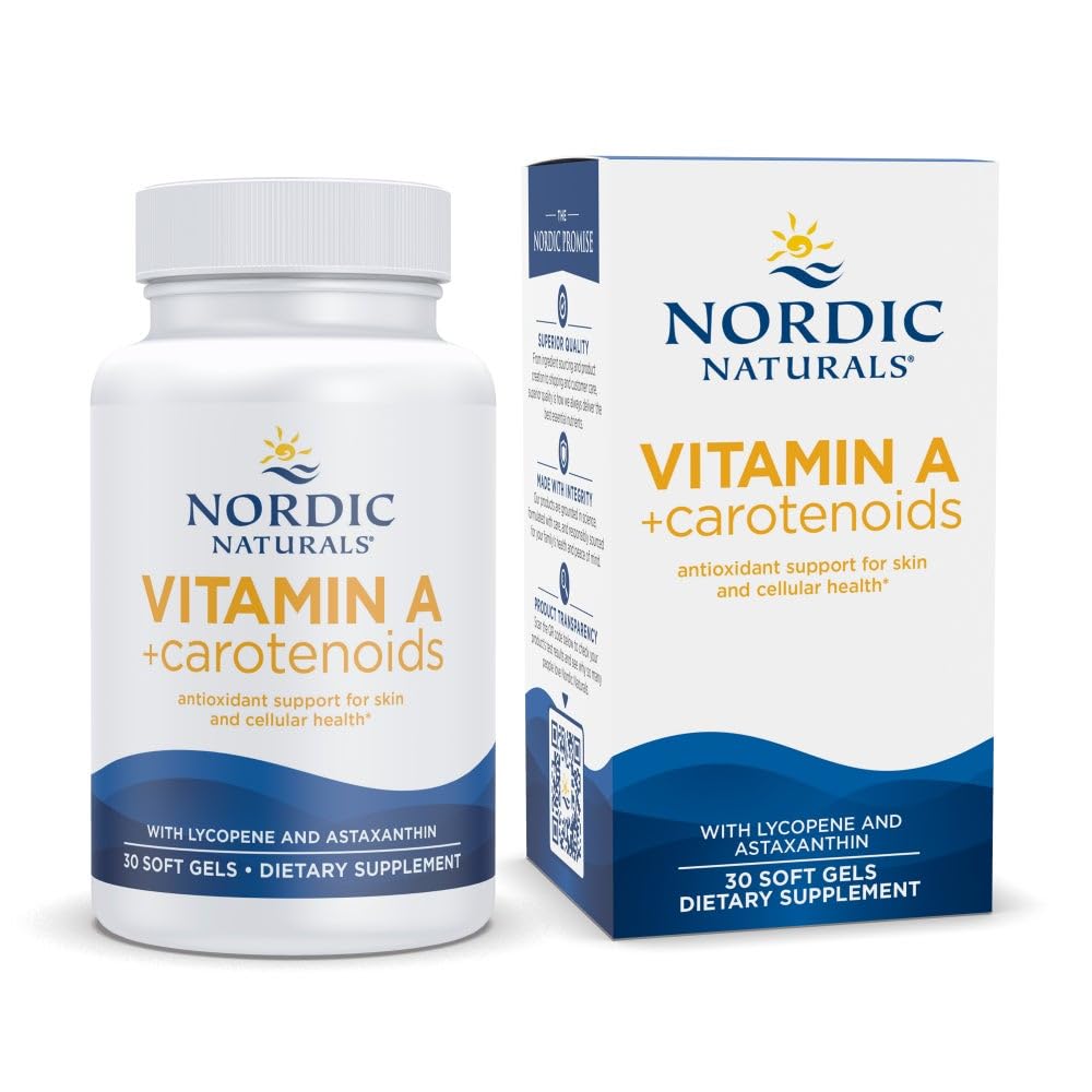 Naturales nórdicos Vitamina A + Carotenoides, Desflavorado - 30 Gels blandos - Lycopene &amp; Astaxanthin - Apoya la piel, la salud celular - No GMO - 30 Servimientos