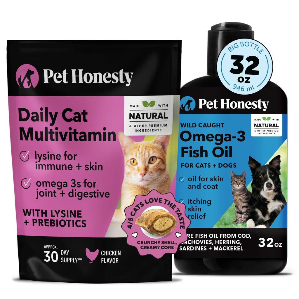 Cat Multivitamin Chews + Omega 3 Fish Oil Supplement for Dogs & Cats - Cat Treats for Health, Immune, Joint Support, Skin & Coat, Digestion, and General Wellness ← Chicken (30-Day Supply)