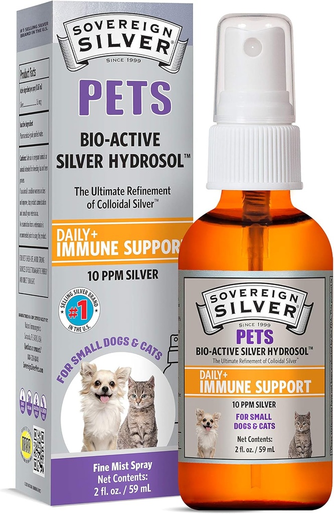 Soberana Silver Pets Immune Support, Colloidal Silver, Bio-Active Silver Hydrosol, para perros y gatos, 10 ppm, Fine Mist Spray, 2 Fl Oz