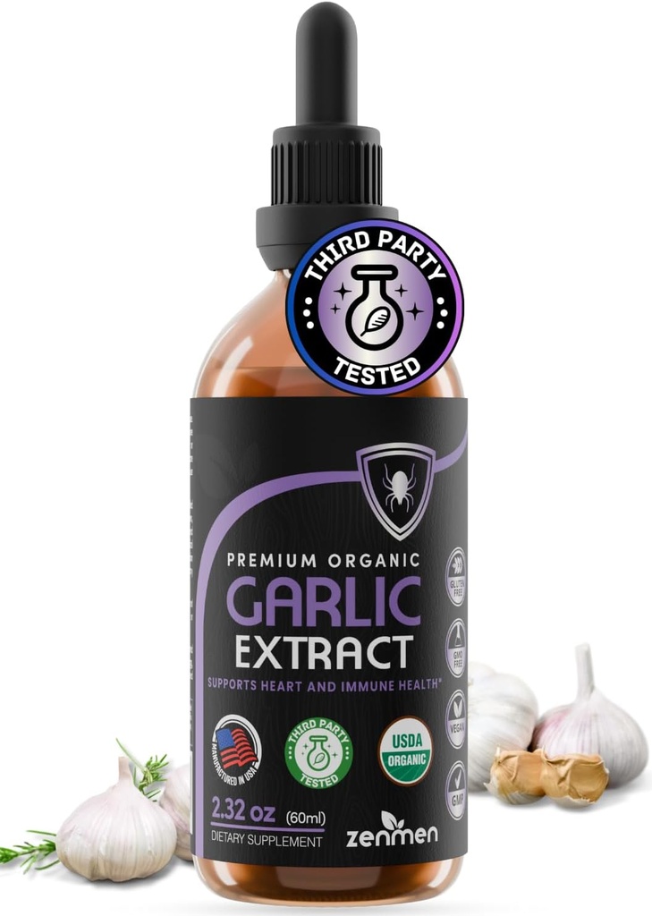 Zenmen Orgánica de Ajo Extracto de Ajo (Inodoro Inodoro) - Soporte Inmunitario, Fuente de Antioxidantes - 2.32 oz / 60ml, Vegan, Fabricado en Estados Unidos
