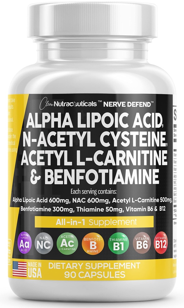 Alfa Lipoic Acid 600mg N-Acetyl Cysteine 600mg Acetyl L-Carnitine 500mg Benfotiamine 300mg - Nerve Support Supplement for Women and Men with Vitamin B1 B6 &amp; B12 - Made in USA 90 Caps