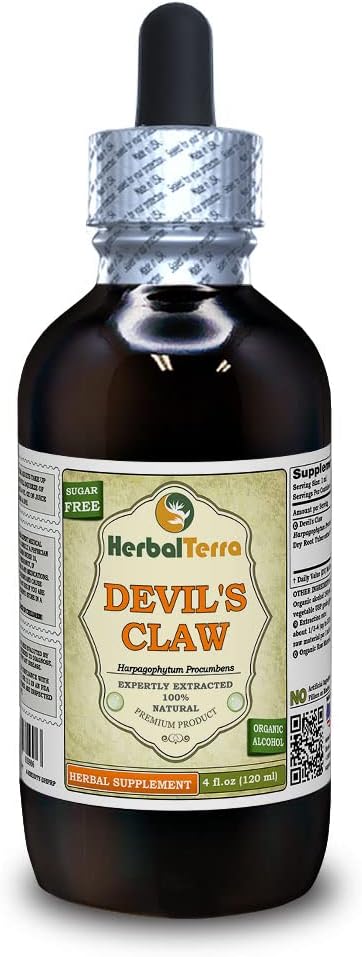 Garra del diablo (Harpagophytum Procumbens) Tintura, Extracto líquido de raíz seca orgánica (Marca: HerbalTerra, Proudly Made in USA) 4 fl.oz (120 ml)