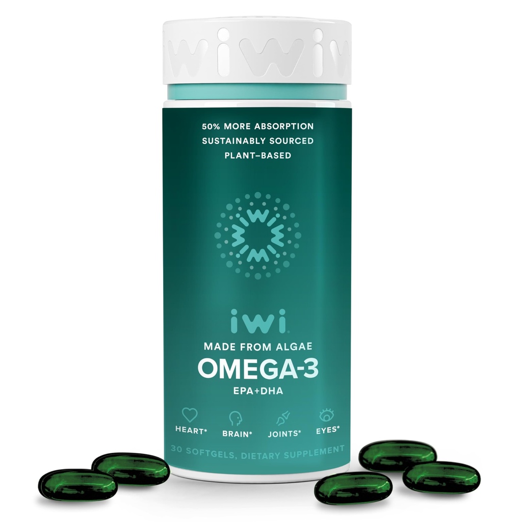 Iwi Omega-3, 30 Softgels (30 Servings), Vegan Plant-Based Algae Omega 3 con EPA + DHA, Whole-Body Support Suplemento dietético, Krill " Fish Oil Alternative, No Fishy Aftertaste