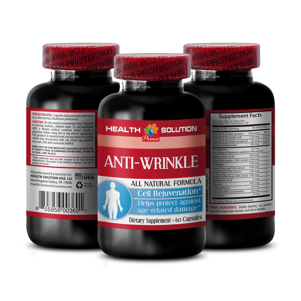 Vitamina E colágeno - ANTI-WRINKLE COMPLEX - Minerales de piel, fórmula natural anti-envejecimiento, cápsulas antirrugas para la cara, arruga anti suero, ácido alfa lipoico, píldoras anti arrugas para las mujeres, 1B 60 cápsulas