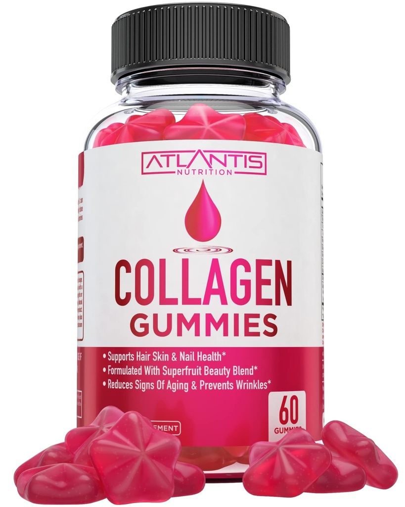 Atlantis Nutrición Collagen Peptides Gummies for Women - Formulado con Tipo I & III - Vitamina &amp; Superfruit Beauty Blend - Formulado para apoyar el cabello, la salud de uñas y piel