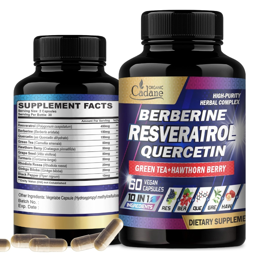 Cadane Resveratrol Supplement - 10in1 Plus with Quercetin, Berberine, Green Tea, Grape Seed, Hawthorn Berry, Turmeric, Rhodiola Rosea, Ginkgo Biloba, y Black Pepper - 60 cápsulas