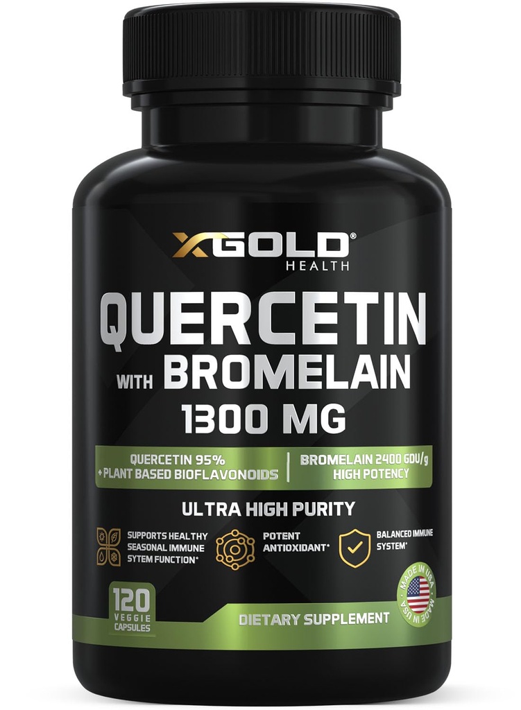Quercetina + Bromelain 1,300mg – Quercetina: 95% - Altamente Purificado y Altamente Biodisponible Plus Bromelain 2,400 GDU/g - Hecho en EE.UU.