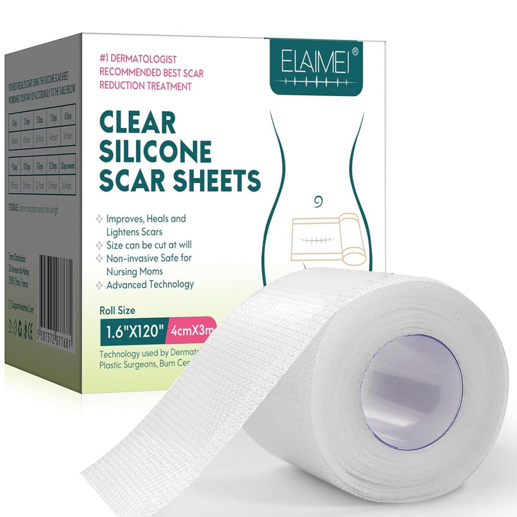 Hojas de cicatrices de silicona, hojas claras de cicatrices de silicona, cinta invisible de cicatriz(1.6” x 120”Roll-3M), tiras de cicatrices para cicatrices quirúrgicas, grado médico, hojas de eliminación de cicatrices para la sección C, pecho, Keloid et.