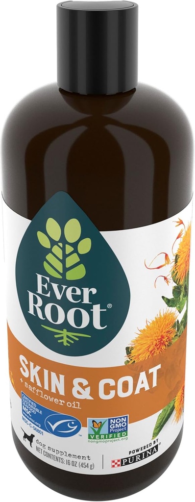 EverRoot Dog Skin Care Dog Suplementos por Purina, Skin and Coat for Dogs Oil with Safflower Oil - 16 oz. Botella