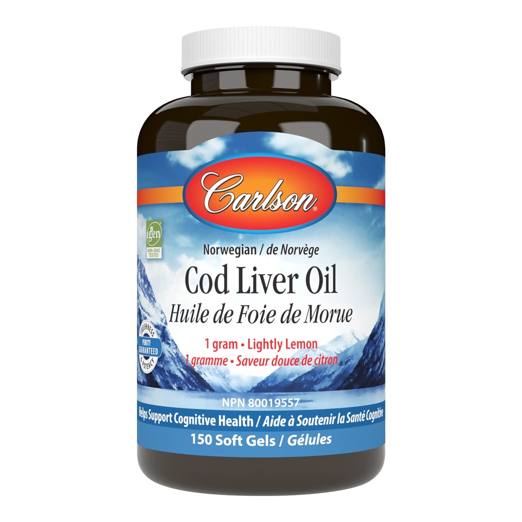 Carlson - Cod Liver Oil Gems, 460 mg Omega-3 + Vitaminas A &amp; D3, Wild-Caught Norwegian Arctic Cod-Liver Oil, Sustentablemente Fuented Nordic Fish Oil Capsules, Lemon, 150 Soft Gels