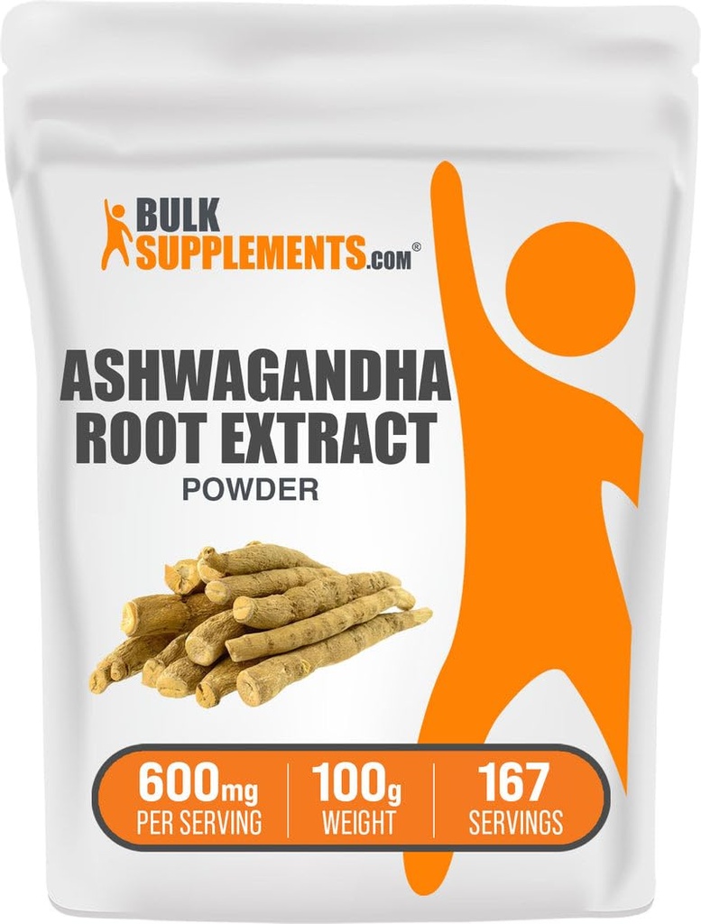 BulkSupplements.com Aswagandha Root Extract Powder - Ashwagandha Supplement, Herbal Supplement - Vegan & Gluten Free, 600mg per Serving, 100g (3.5 oz) (Pack of 1)