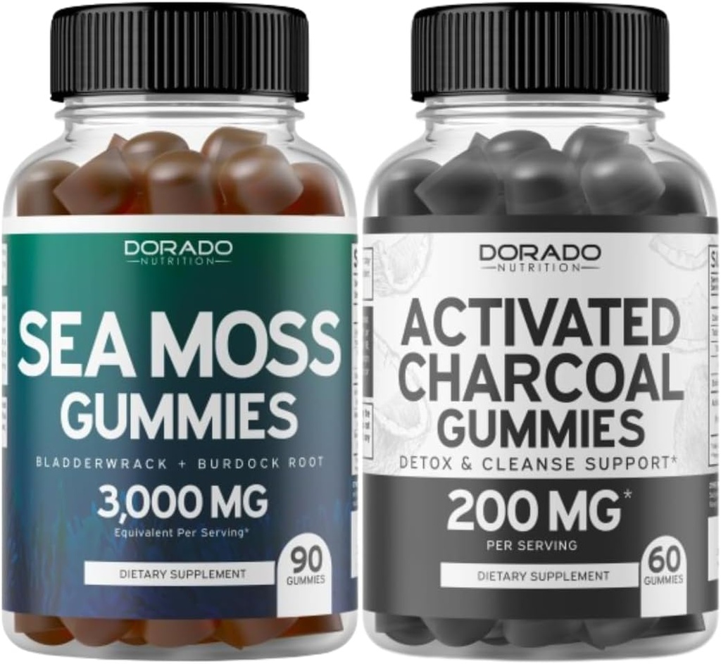 Irlandés Moss (90 Gummies) Raw Seamoss for Thyroid, Energy &amp; Immune Support and Activated Charcoal (60 Gummies) Healthy Detox &amp; Cleanse Support - Formulated from Organic Coconut Shells - Made in USA