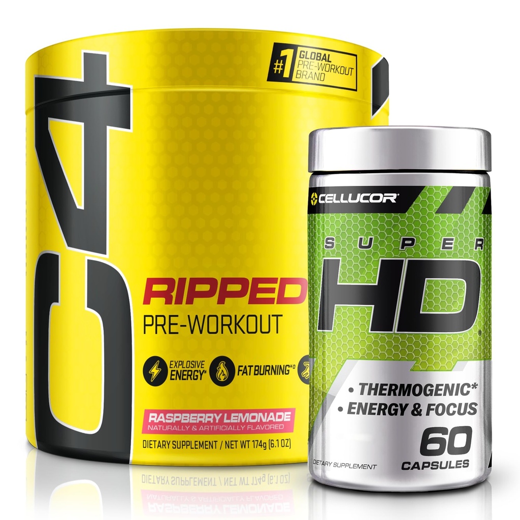 C4 Ripped & SuperHD, The Thermogenic Bundle, C4 Ripped Pre Workout Powder, Raspberry Lemonade 30 Servings + SuperHD con Capsimax y Green Tea Extract, 60 Servings