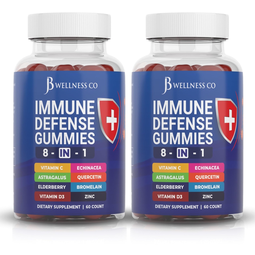 8 en 1 Immune Defense Booster Suplemento Gummies con Astragalus Root, Vitamina C y Zinc, Vitamina D3, Elderberry y Quercetina (2 Pack)