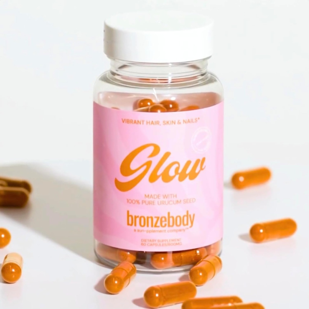 broncebody® GLOW capsules Acelerated Tanning Vegan Vitamins A Tocotrienols Antioxidantes Melanina Collagen Urucum (ROUCOU, Annatto, Bixin, Urucu) Suplemento Herbal Detox Additive Free (60ct)