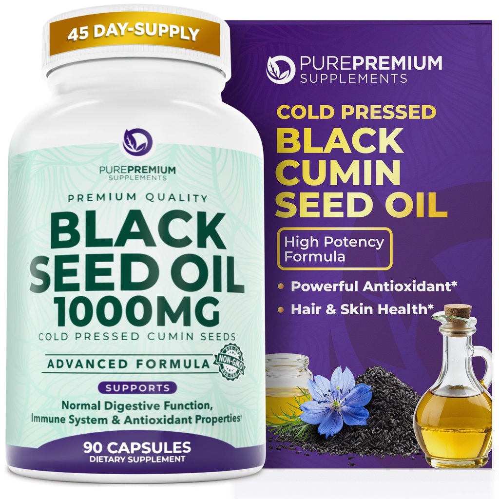 PurePremium Black Seed Oil 500mg - Organic Nigella Sativa Semillas, Cold Presionado Negro Cumin Oil Extract - Hair/Skin Supplement for Men / Women pack of 90 Capsules